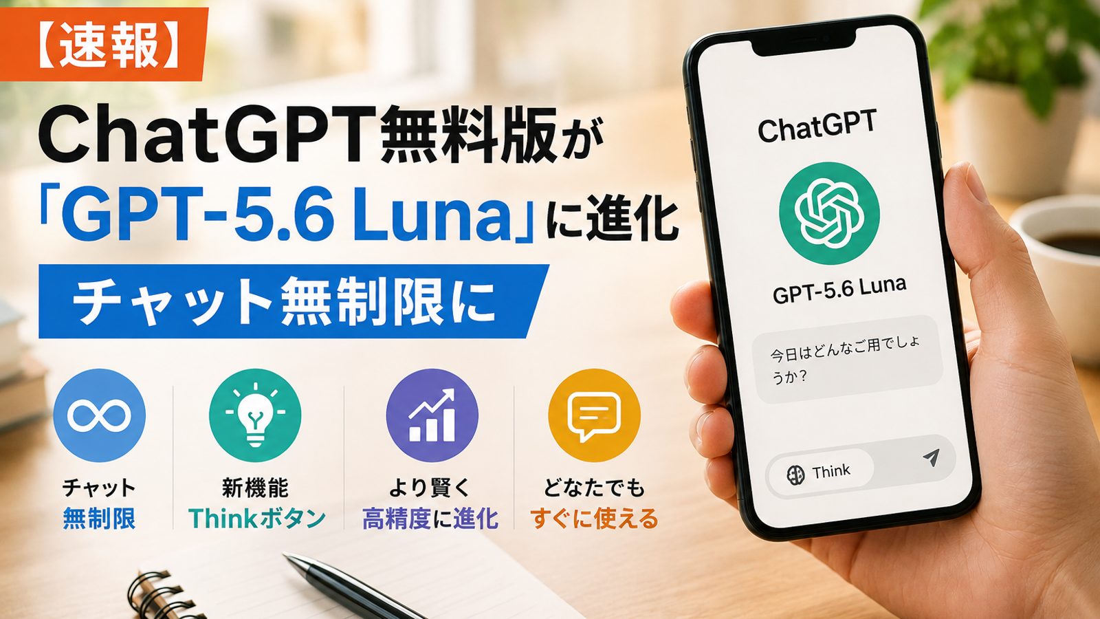 【速報】ChatGPT無料版が「GPT-5.6 Luna」に進化、チャット無制限に