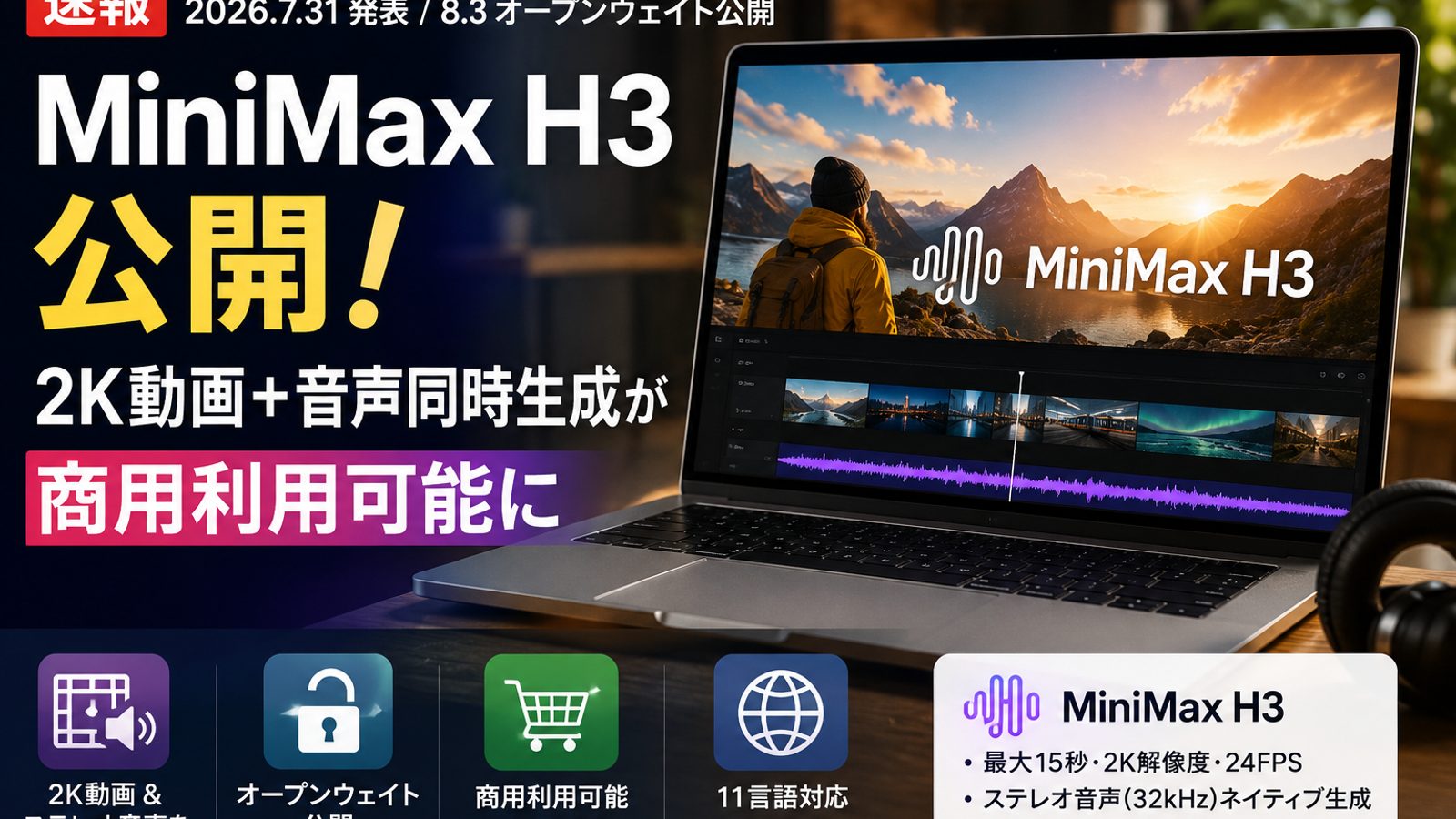 【速報】MiniMax H3公開、2K動画+音声同時生成が商用利用可能に