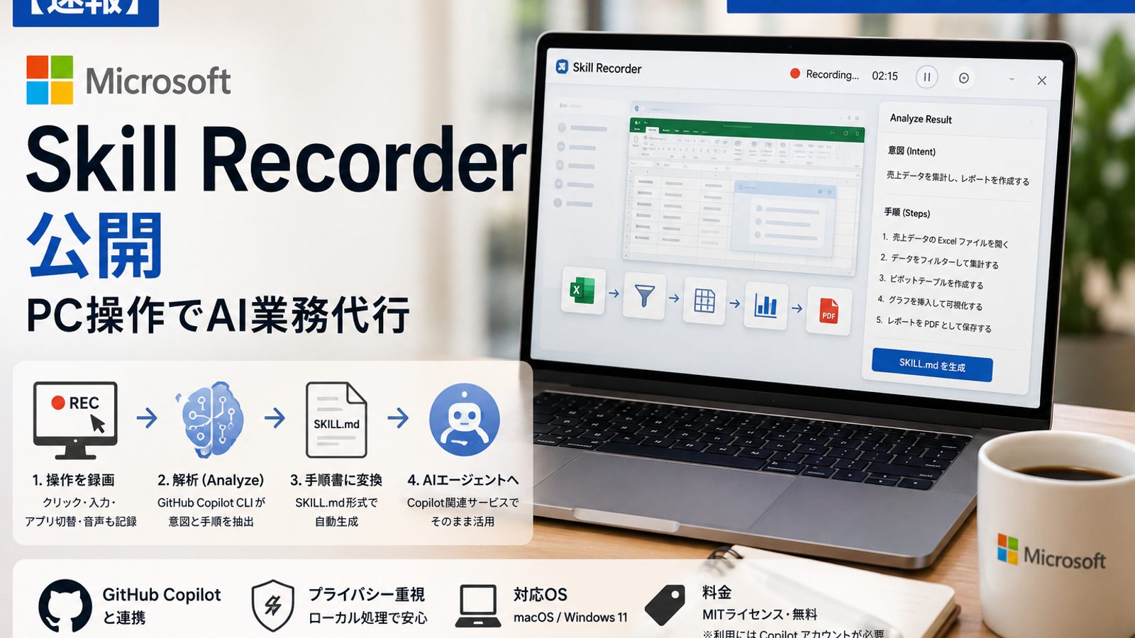 【速報】Microsoft「Skill Recorder」公開 PC操作でAI業務代行